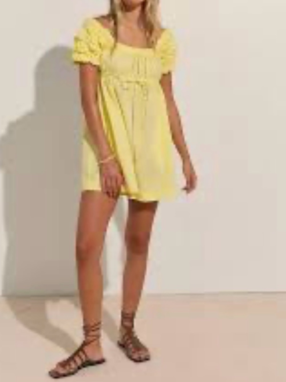 Free People Yellow Square-Neck Puff-Sleeve Mini Dress
